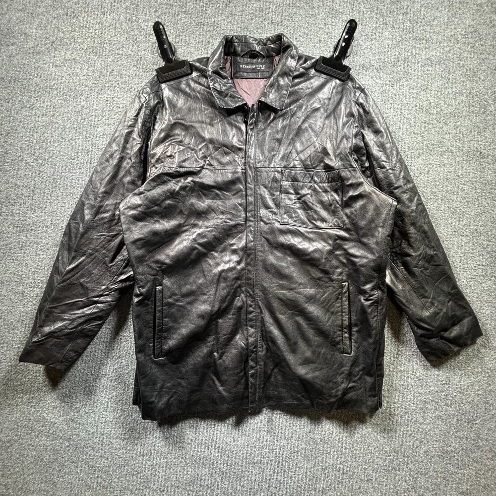 Kenneth Cole Bomber Jacket Mens XL Black Leather Full Zip Minimalist Everyday